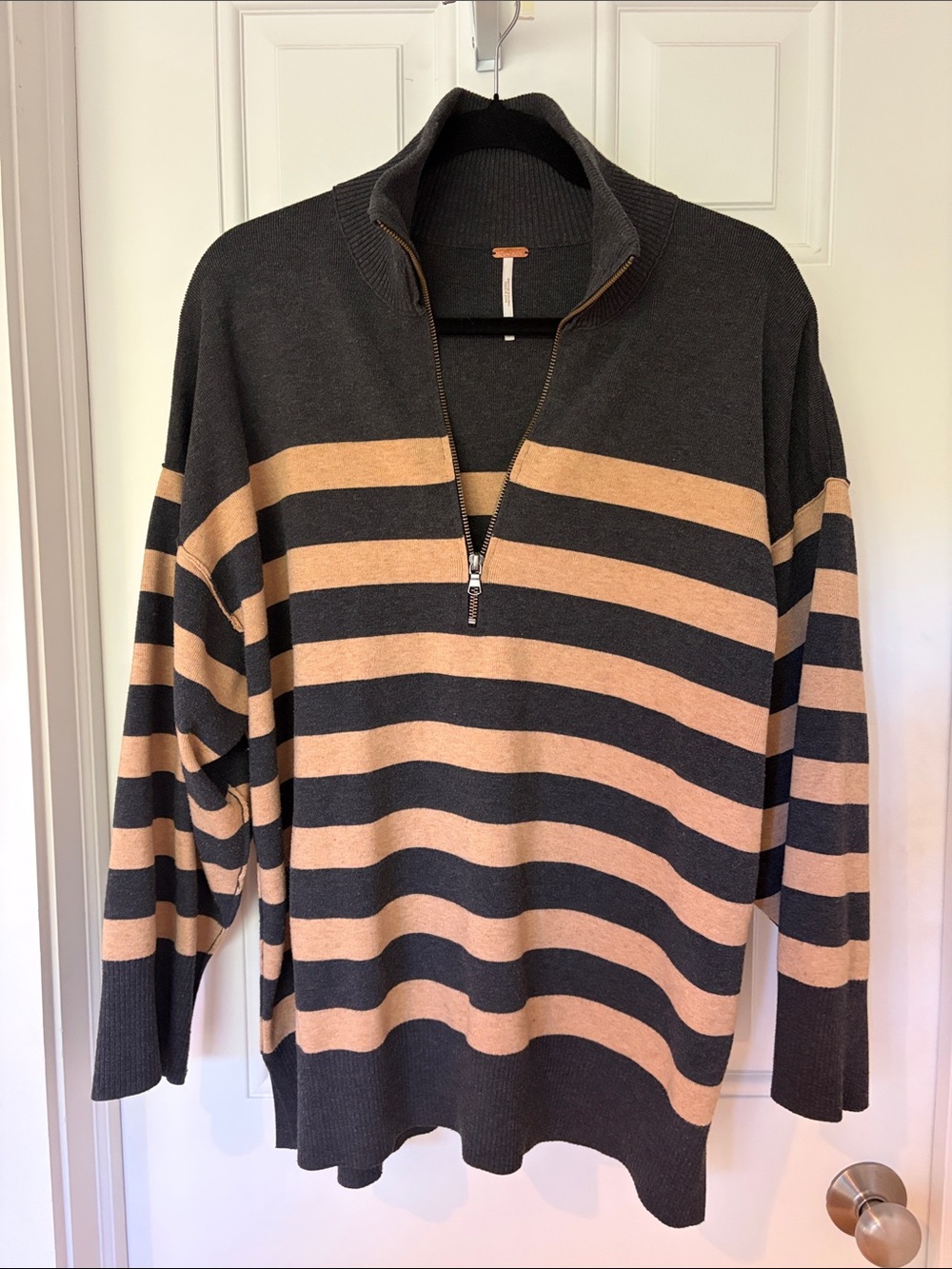 Free People Black and Tan Striped Half-Zip Sweater Sweatshirt